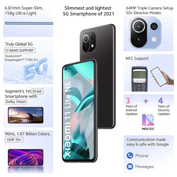 Buy Xiaomi 11 Lite NE 5G Vinyl Black 6GB RAM 128 GB Storage | Slimmest (6.81mm) & Lightest (158g) 5G Smartphone | 10-bit AMOLED with Dolby Vision | SD 778 with 12 5G Bands